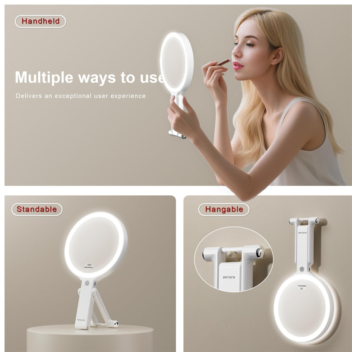 Double-Sided LED Makeup Mirror 1X 10X Magnification with 3 Light Modes