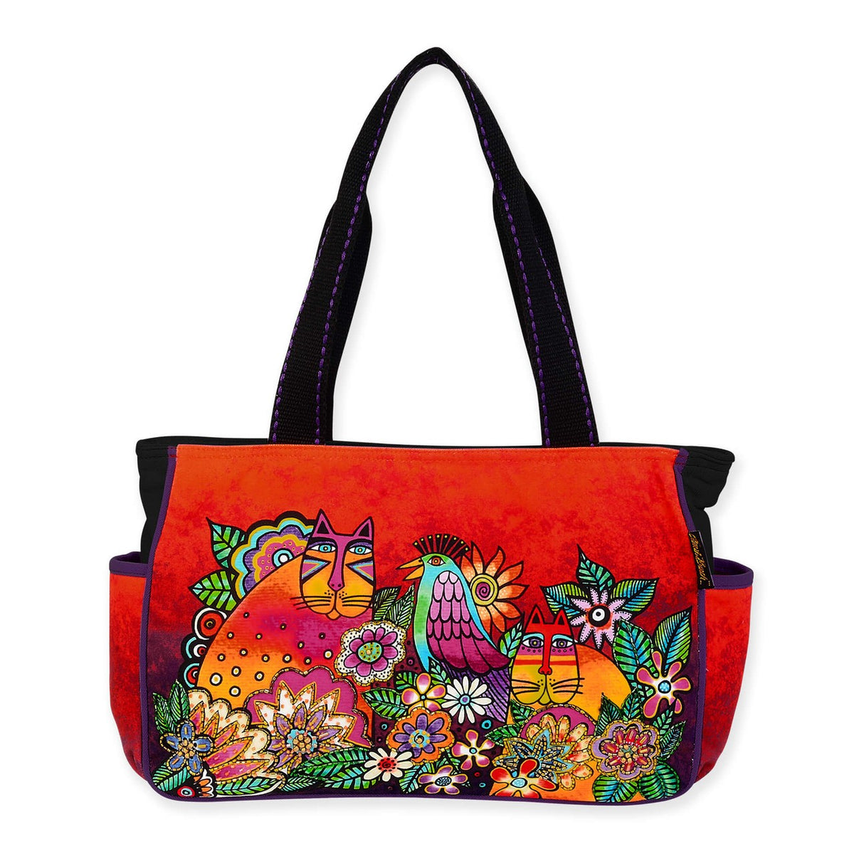 Large Colorful Canvas Tote Bag with Beaded Bird and Floral Design
