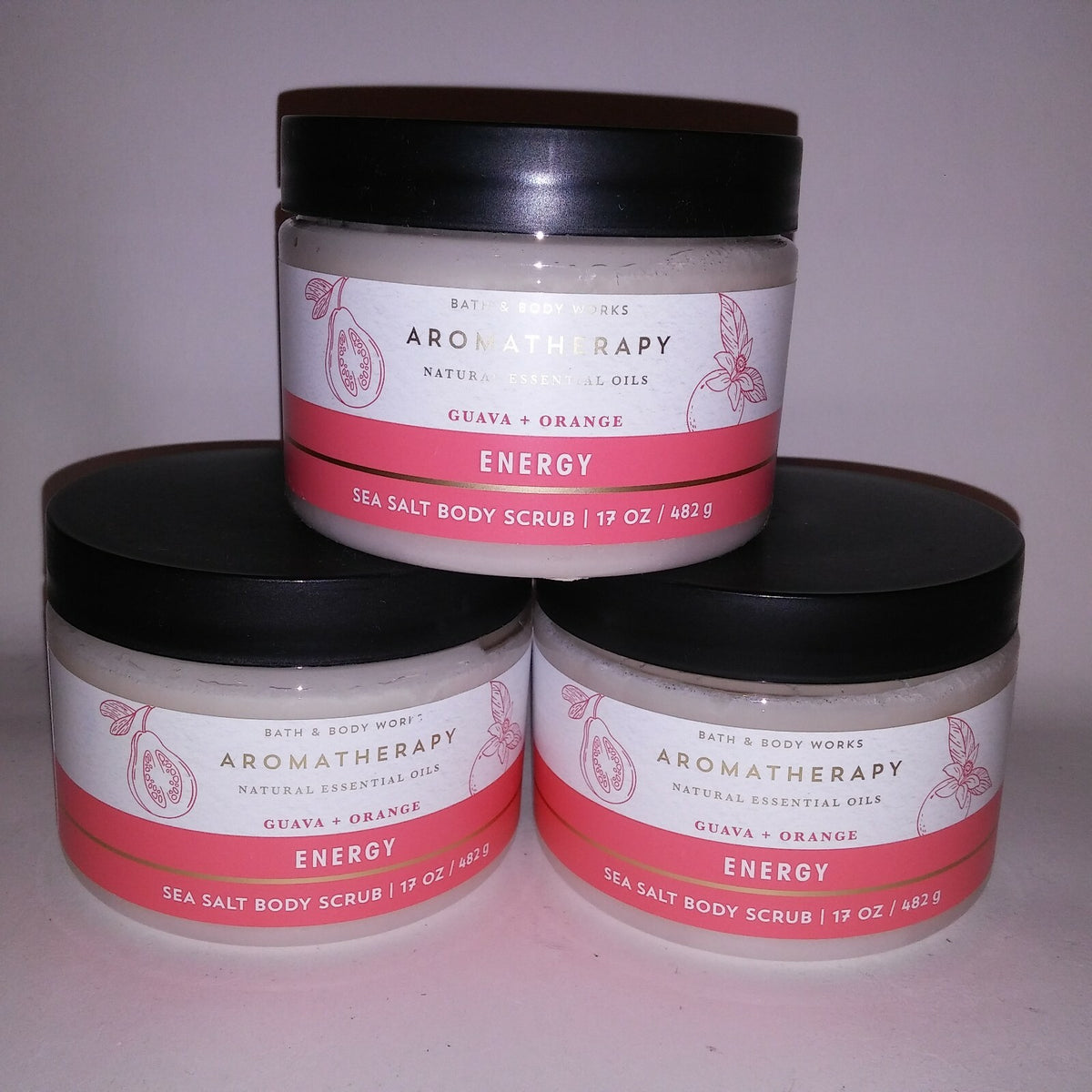 Set of 3 Sea Salt Body Scrubs with Aromatherapy Guava Orange – Energy & Exfoliation