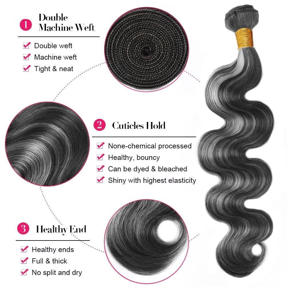 Grey Body Wave Human Hair Bundles - 18, 20, 22 Inch Brazilian Virgin Hair