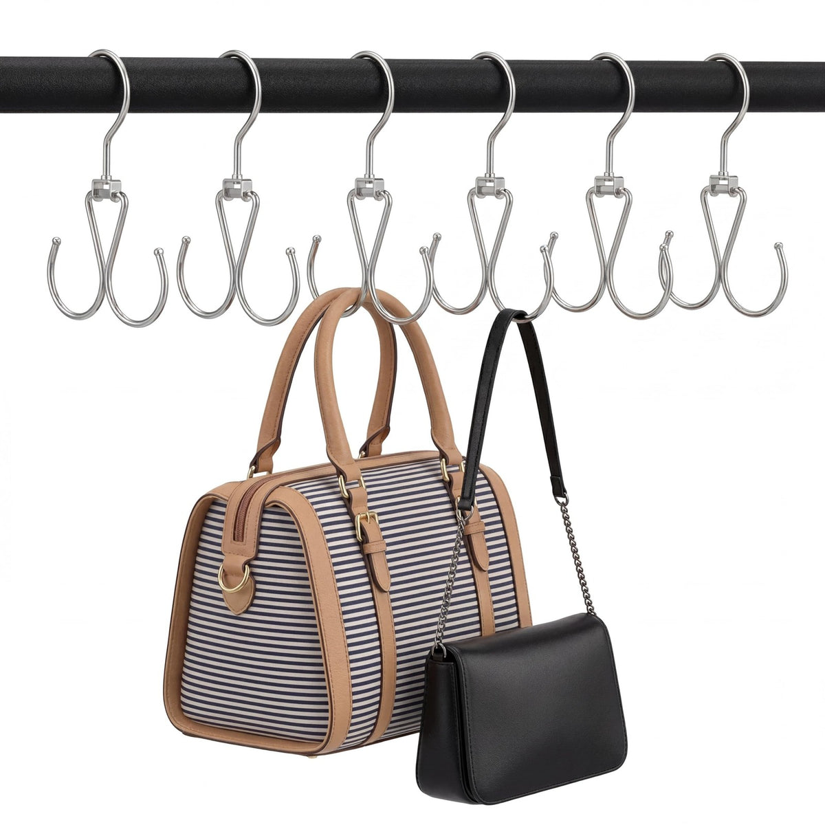 6 Pack Rotatable Purse Hooks for Closet Storage, Metal, Silver