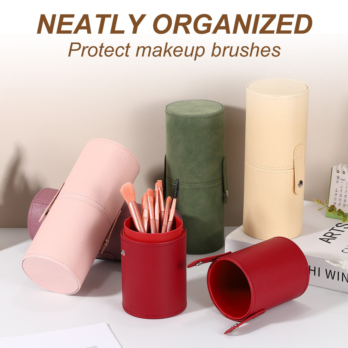 Portable Makeup Brush Holder with Strap - Waterproof PU Leather Black