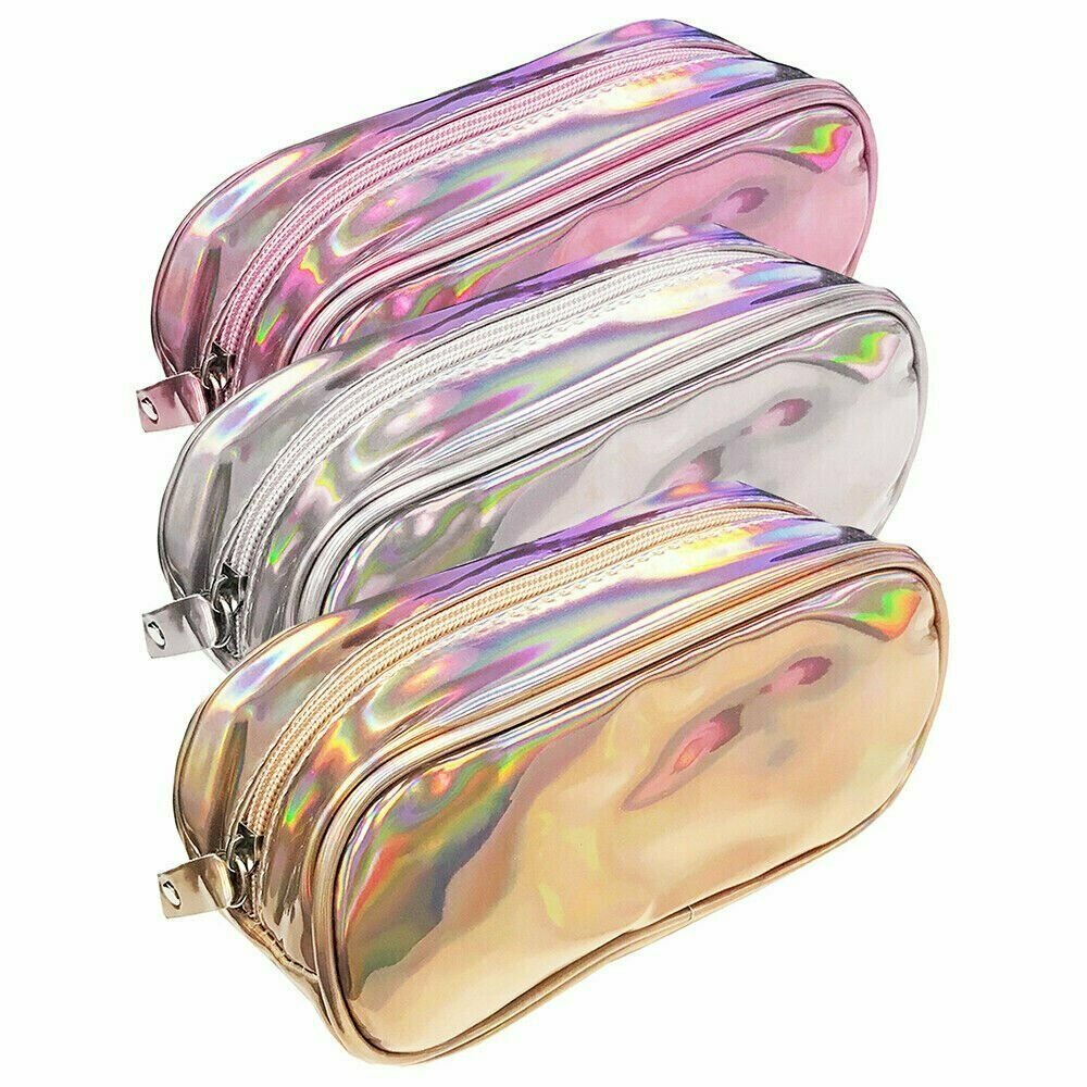 Holographic Pencil Case Pouch - Zippered Cosmetic Bag, 7.5 x 3 x 4 in