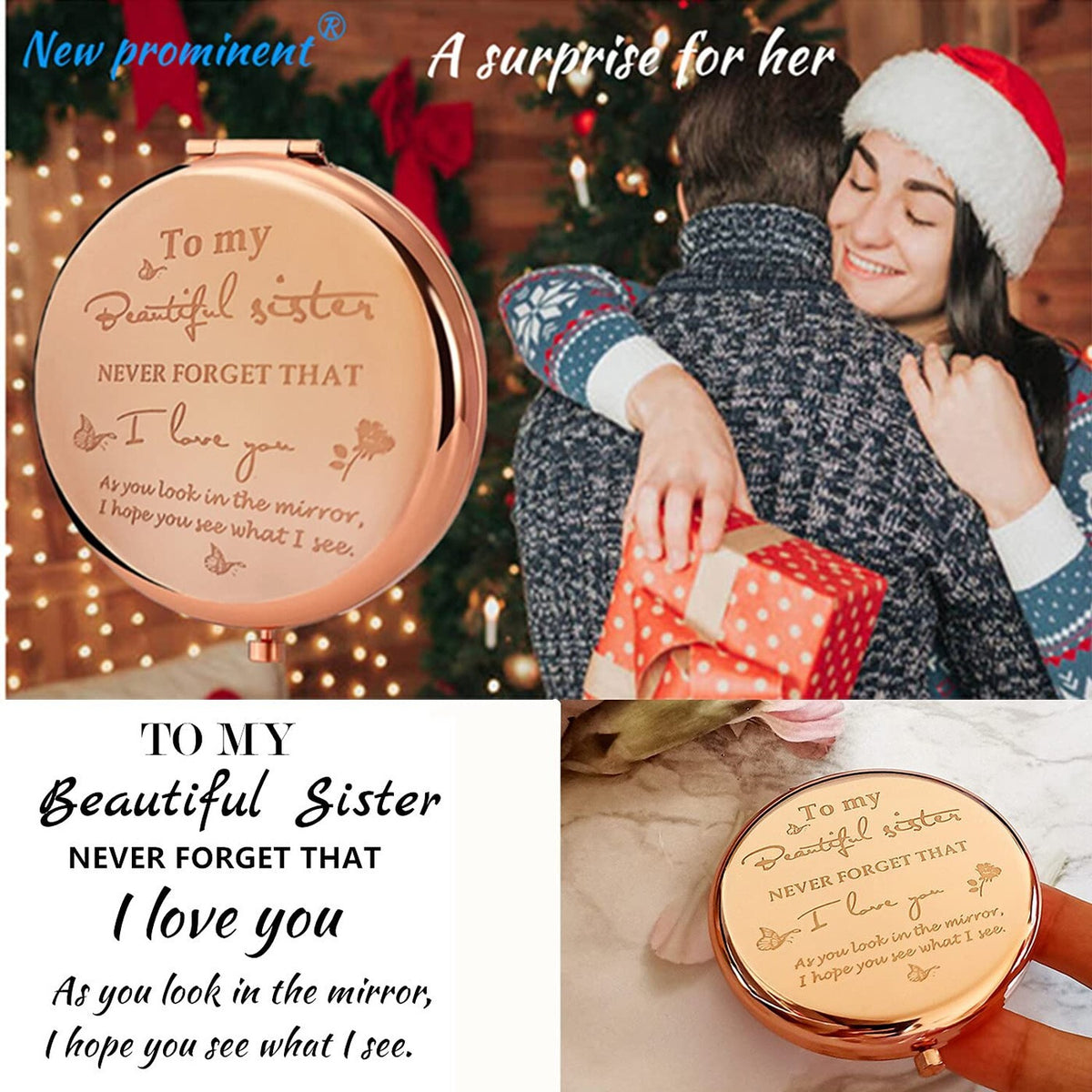 Personalized Compact Mirror for Sisters - Heart & Rose Gold, 2x Magnification