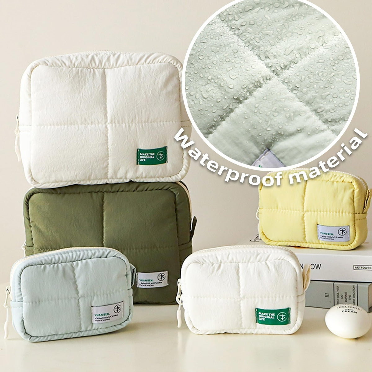Large Puffy Travel Makeup Bag for Women - Quilted Cosmetic Organizer, Green