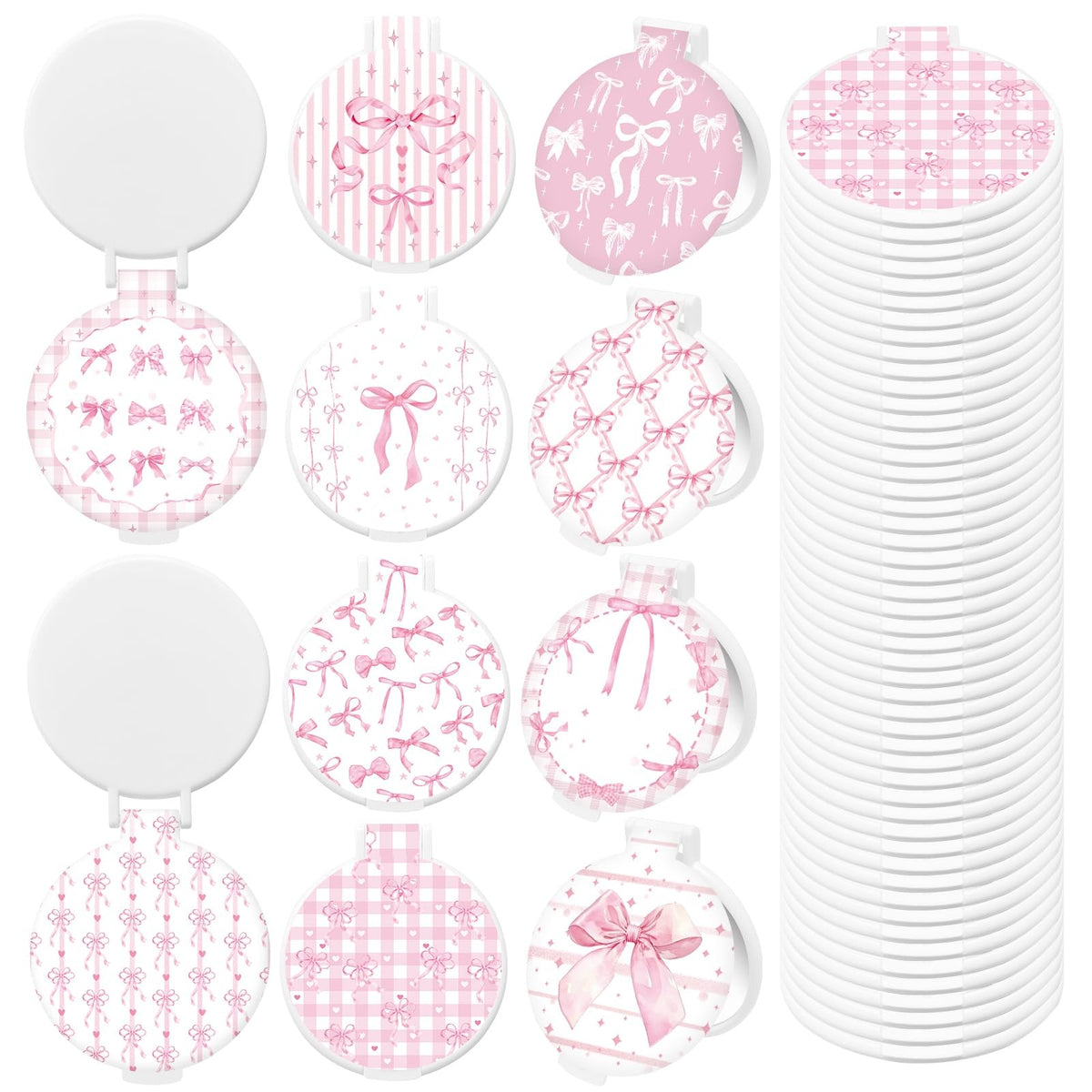 Pink Bow Compact Mirror Set - Small Portable Pocket Makeup Mirrors Bulk 50 pcs
