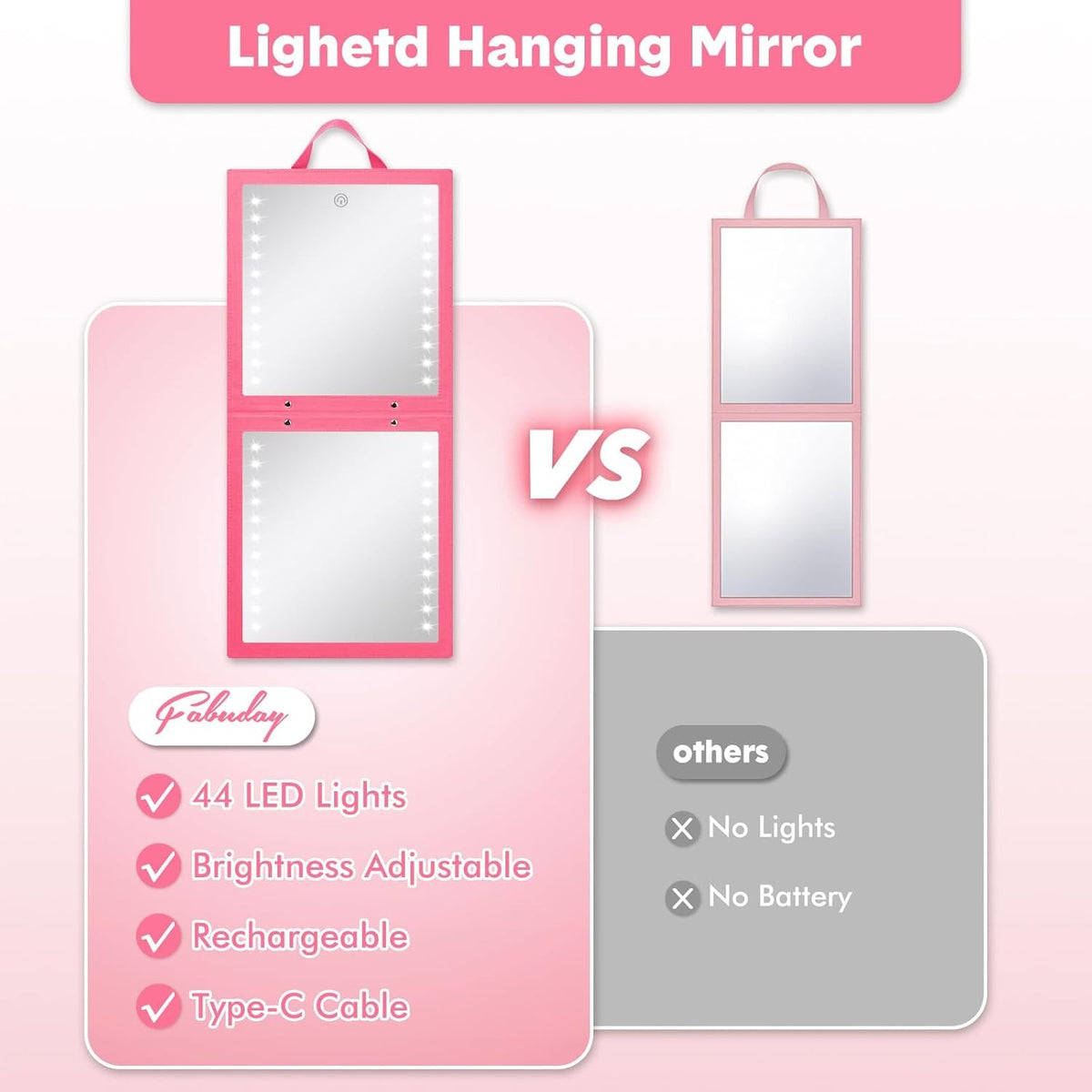 Lighted Hanging Mirror for Dance Backstage - Foldable, Rechargeable, 12.3 x 11.5 Inch, Berry