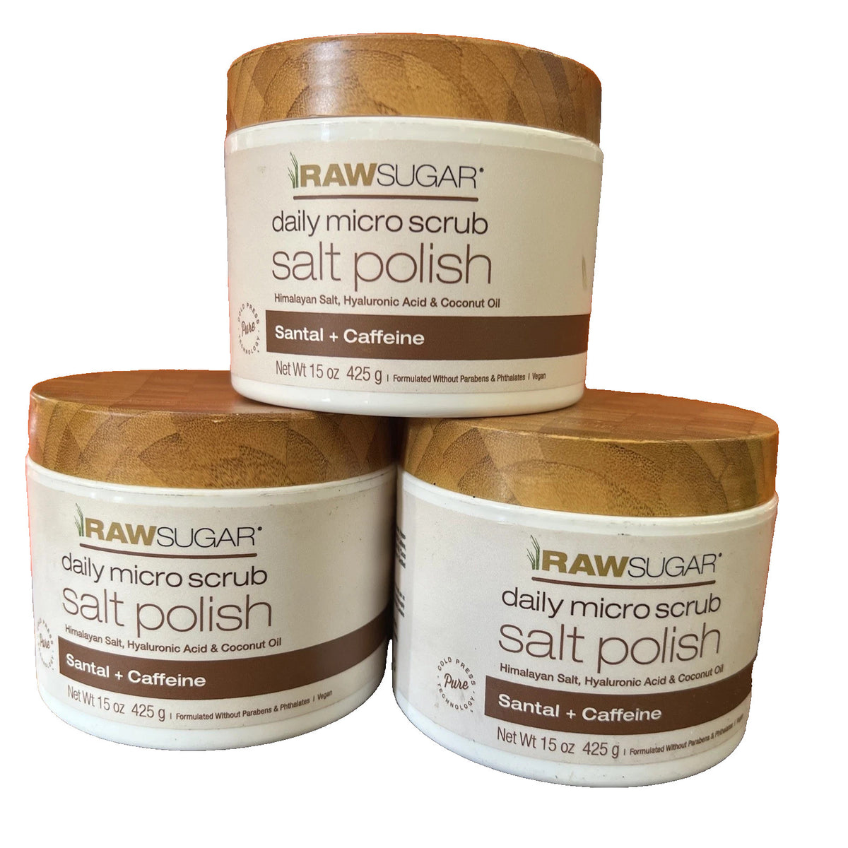 Raw Sugar Daily Micro Scrub Salt Polish Santal + Caffeine 3 Pack 15