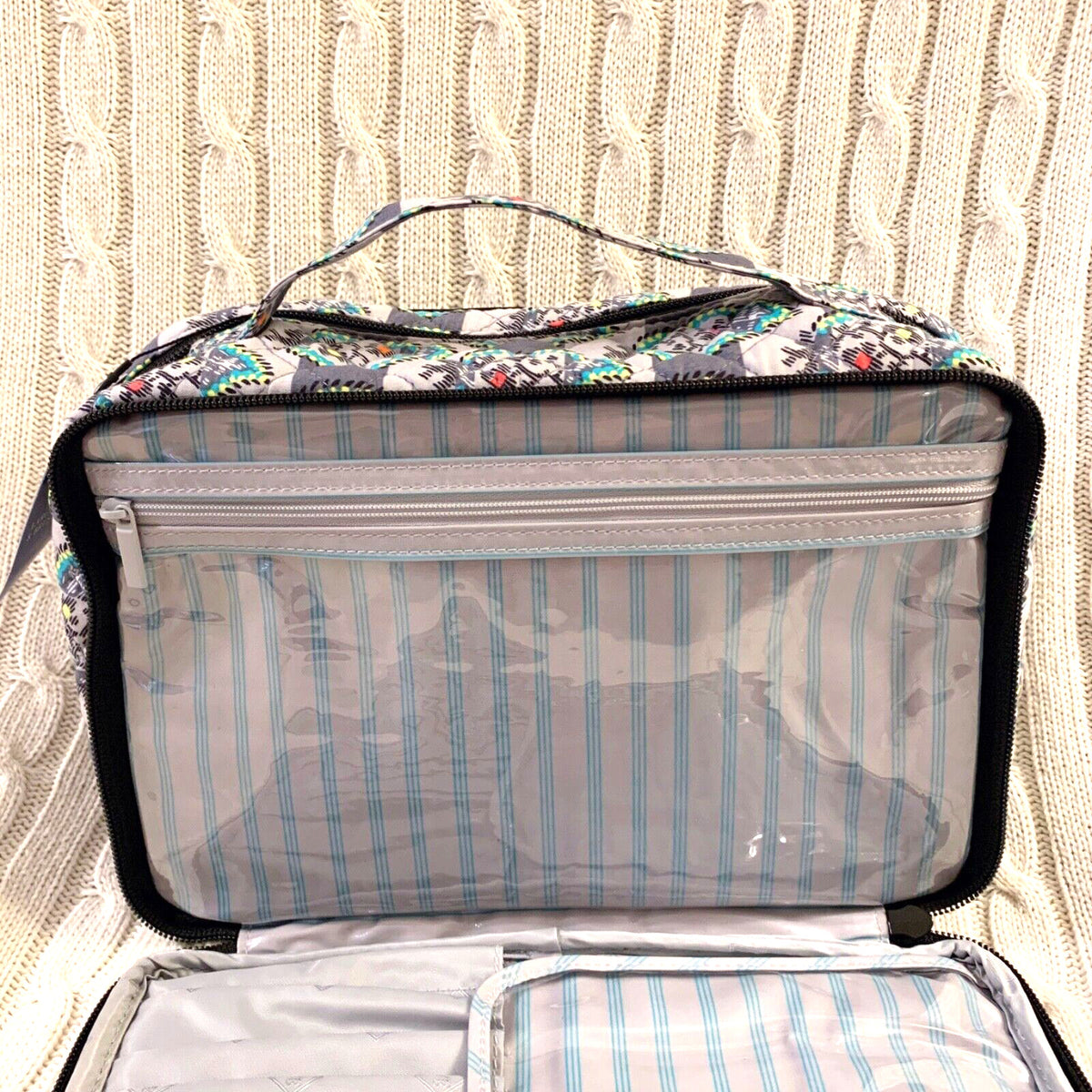 Large Travel Makeup Case with Brush Slots - Paisley Stripes Pattern
