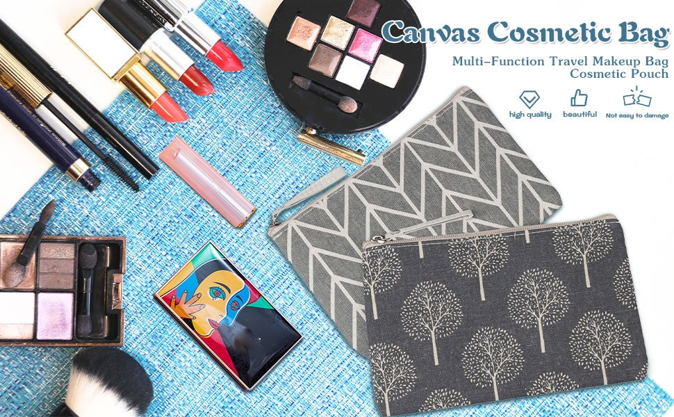 2 Pack Canvas Cosmetic Bags - Small Travel Makeup Pouches for Women