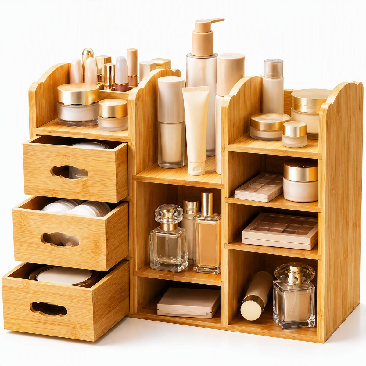 Bamboo Makeup Organizer with Drawers and Compartments - Multi-Functional Dresser Shelf