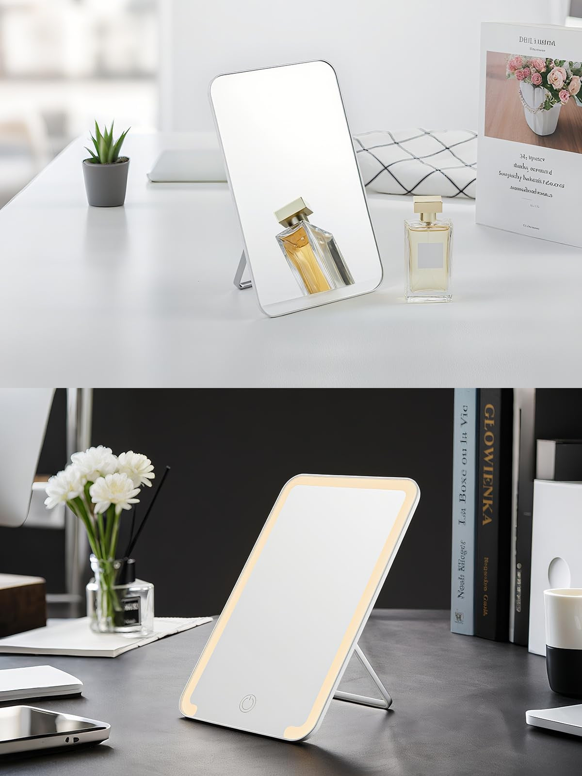 2 Pack White Foldable Desk Makeup Mirrors 8x5 Inches with Hanging Hole