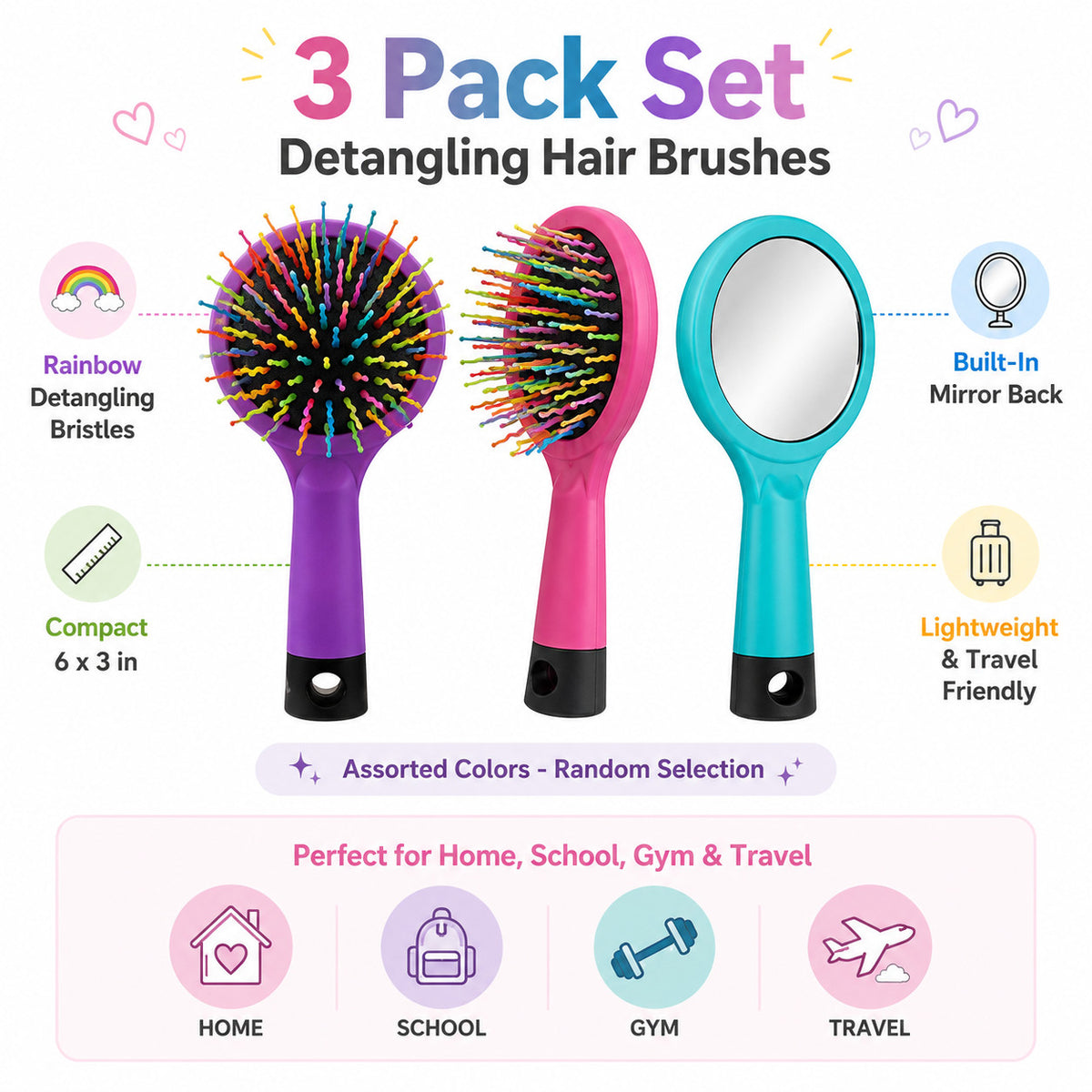 3 Pack Detangling Hair Brushes with Mirror - Travel Compact Rainbow Bristles