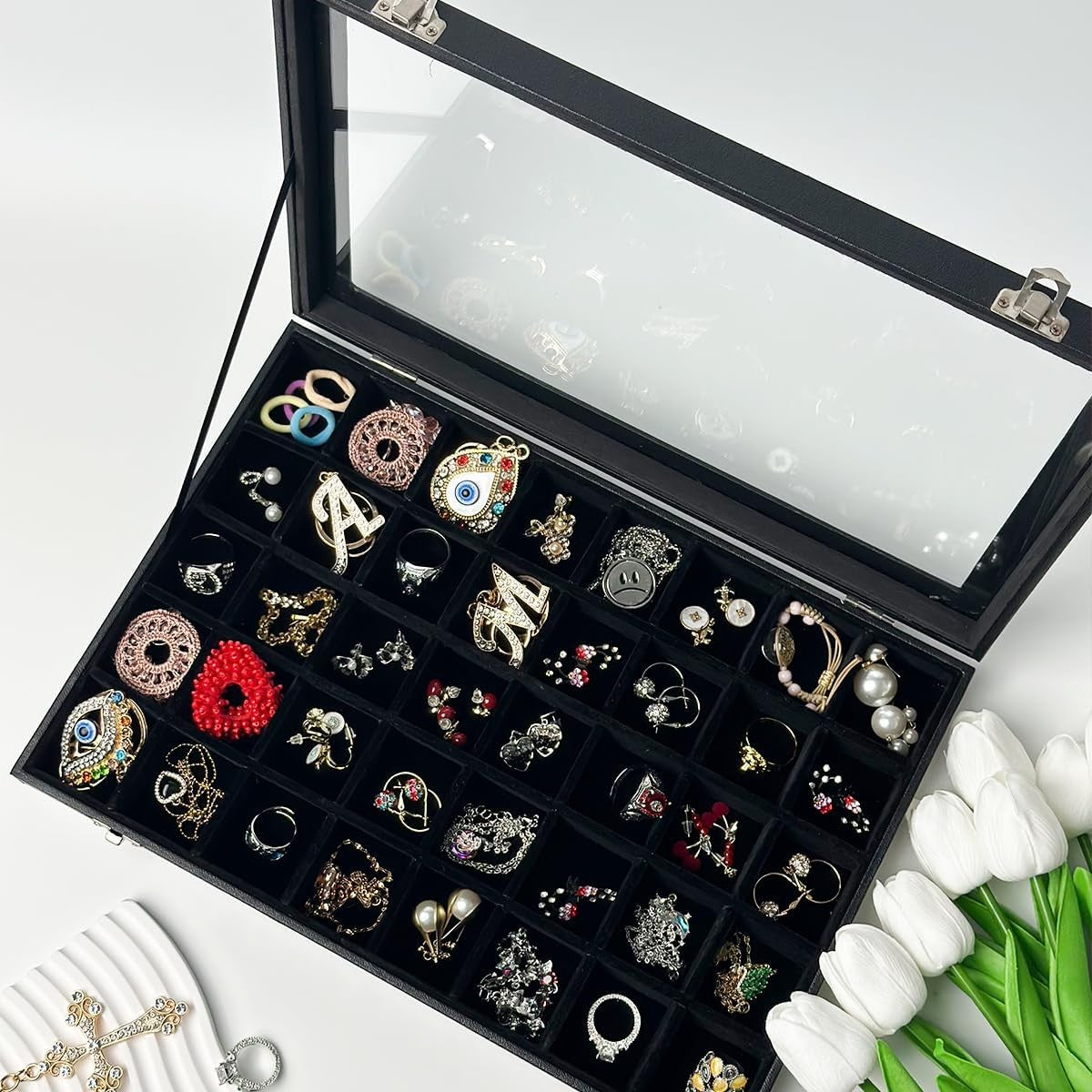 Jewelry Organizer Box with 40 Grid Compartments and Transparent Lid for Earrings and Rings