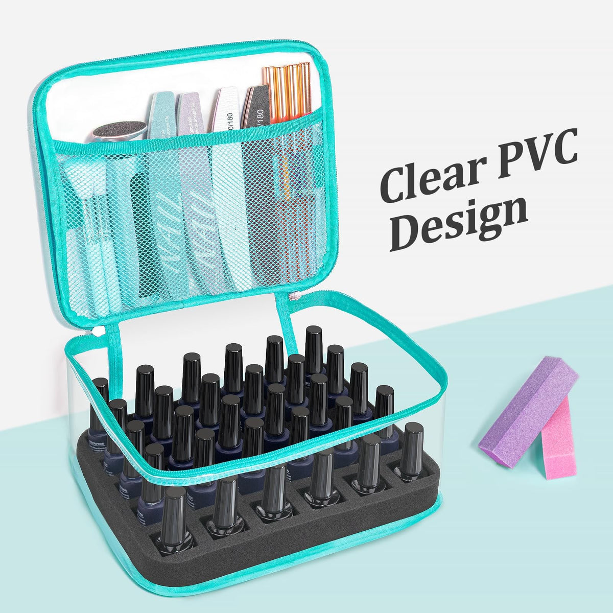 Mint Green Clear Nail Polish Organizer Case Holds 30 Bottles - Travel & Storage