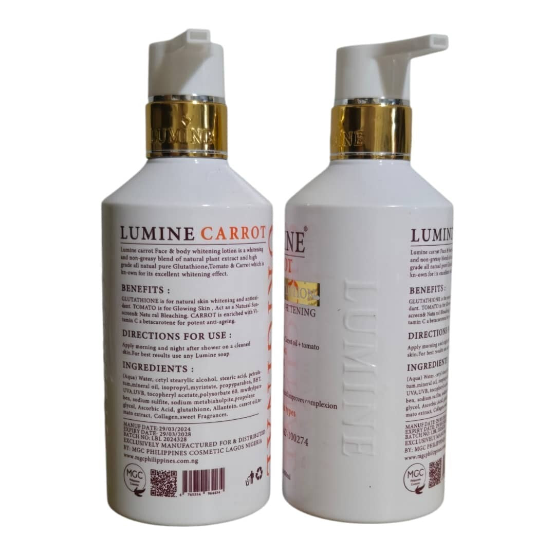 Lumine Carrot Brightening Firming Lotion SPF 50++ for Face & Body 2 Pack 400ml