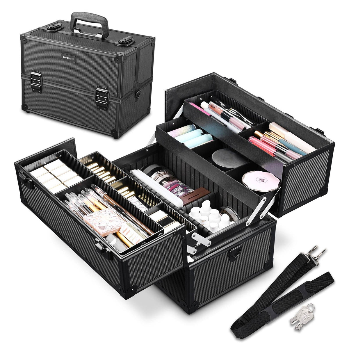 Large Aluminum Makeup Train Case with 4-Tier Trays and Lockable Storage