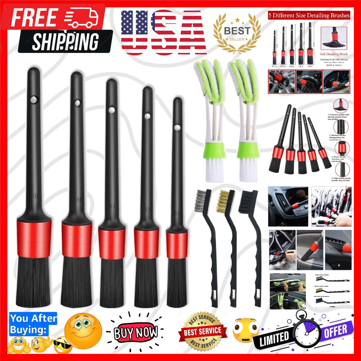 Auto Detailing Brush Set - 11 Pcs Car Cleaning Tools with Steel & Boar Hair Brushes