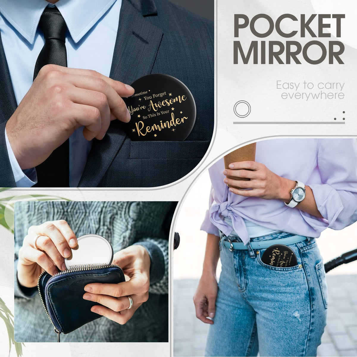 48 Pack Small Round Pocket Mirrors - Inspirational Compact Makeup & Personal Motivation