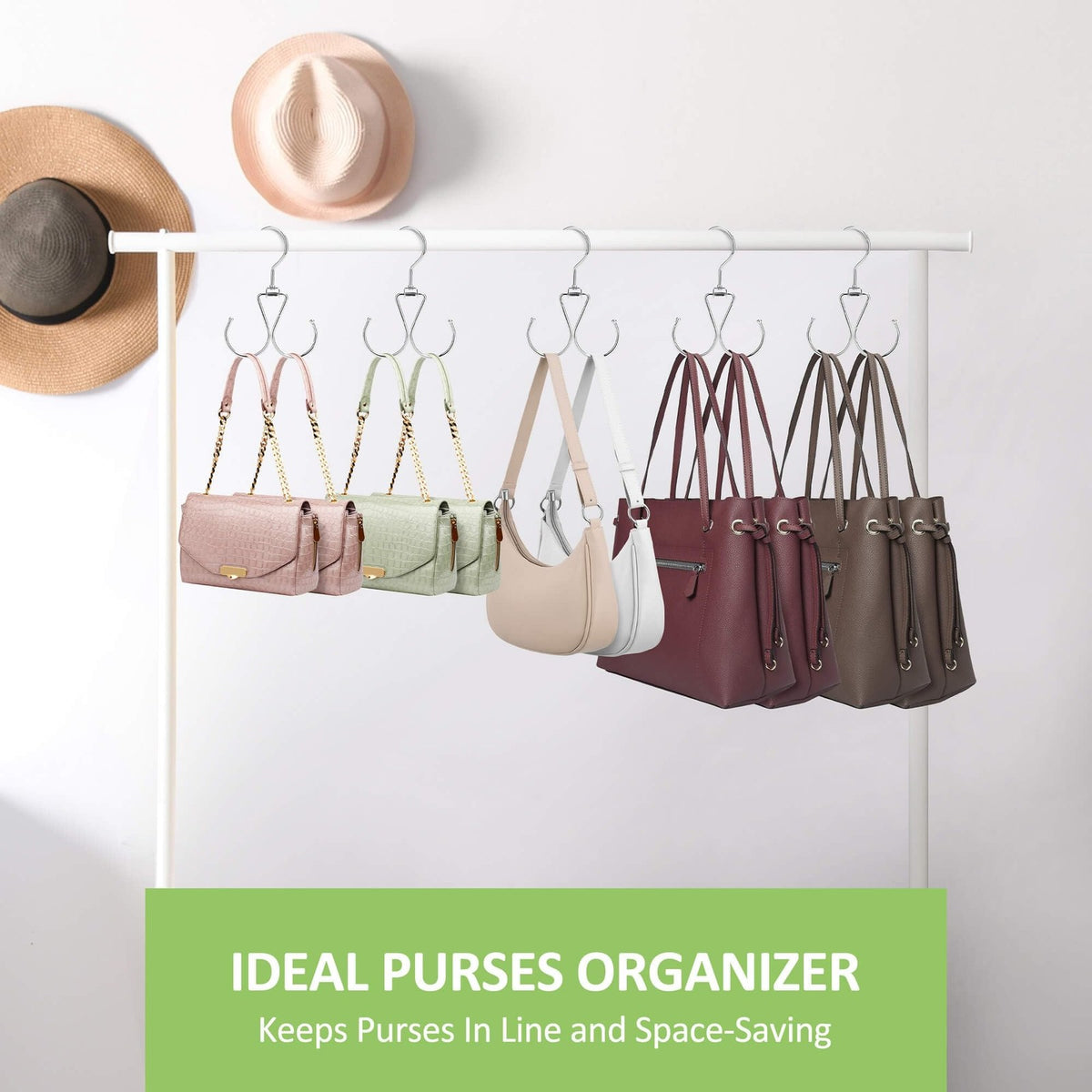 6 Pack Rotatable Purse Hooks for Closet Storage, Metal, Silver