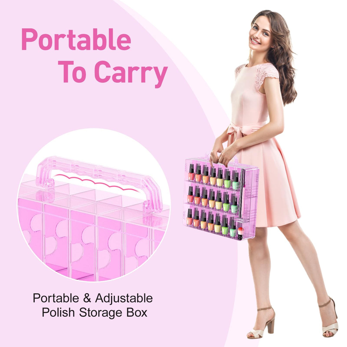 Pink Double-Side Nail Polish Organizer Case with Adjustable Dividers, Holds 48 Bottles