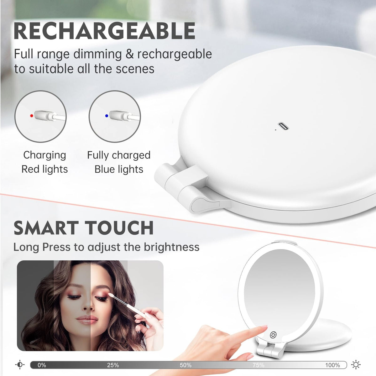 Travel Makeup Mirror with Lights and 10X Magnification - Rechargeable Portable Double-Sided Vanity Mirror, 3 Color Options