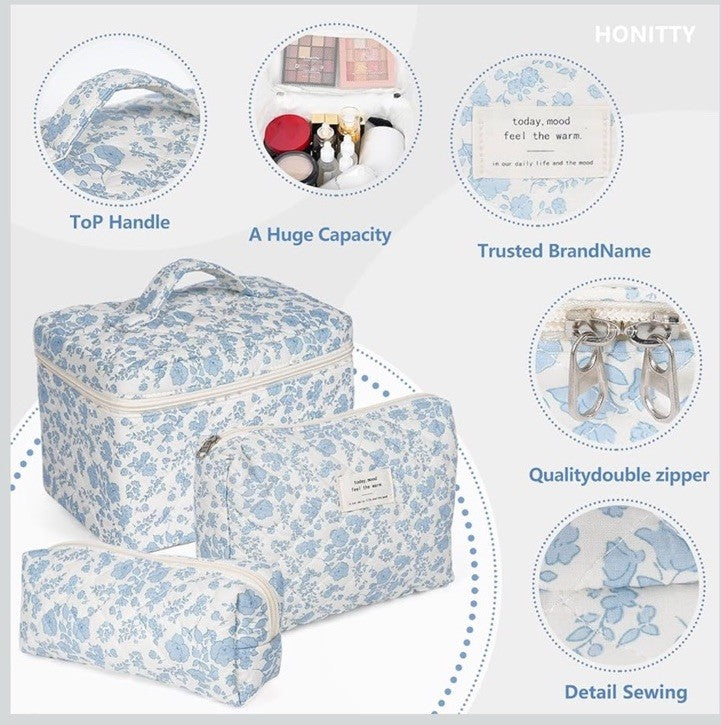 3-Piece Quilted Floral Cosmetic and Travel Bag Set - The Jolly House
