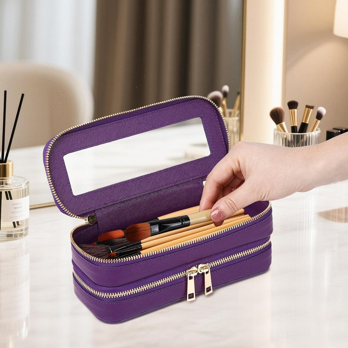Double Layer Waterproof Makeup Brush Bag with Clear Windows - Travel Organizer