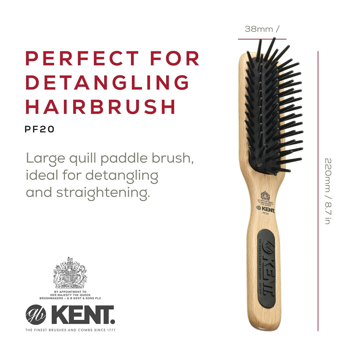 Kent PF20 Narrow Cushion Paddle Hair Brush for Detangling & Scalp Care