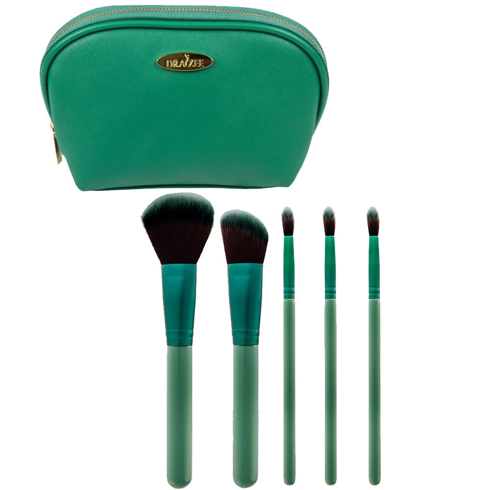 6-Piece Makeup Brush Set with Sea Green Cosmetic Travel Bag