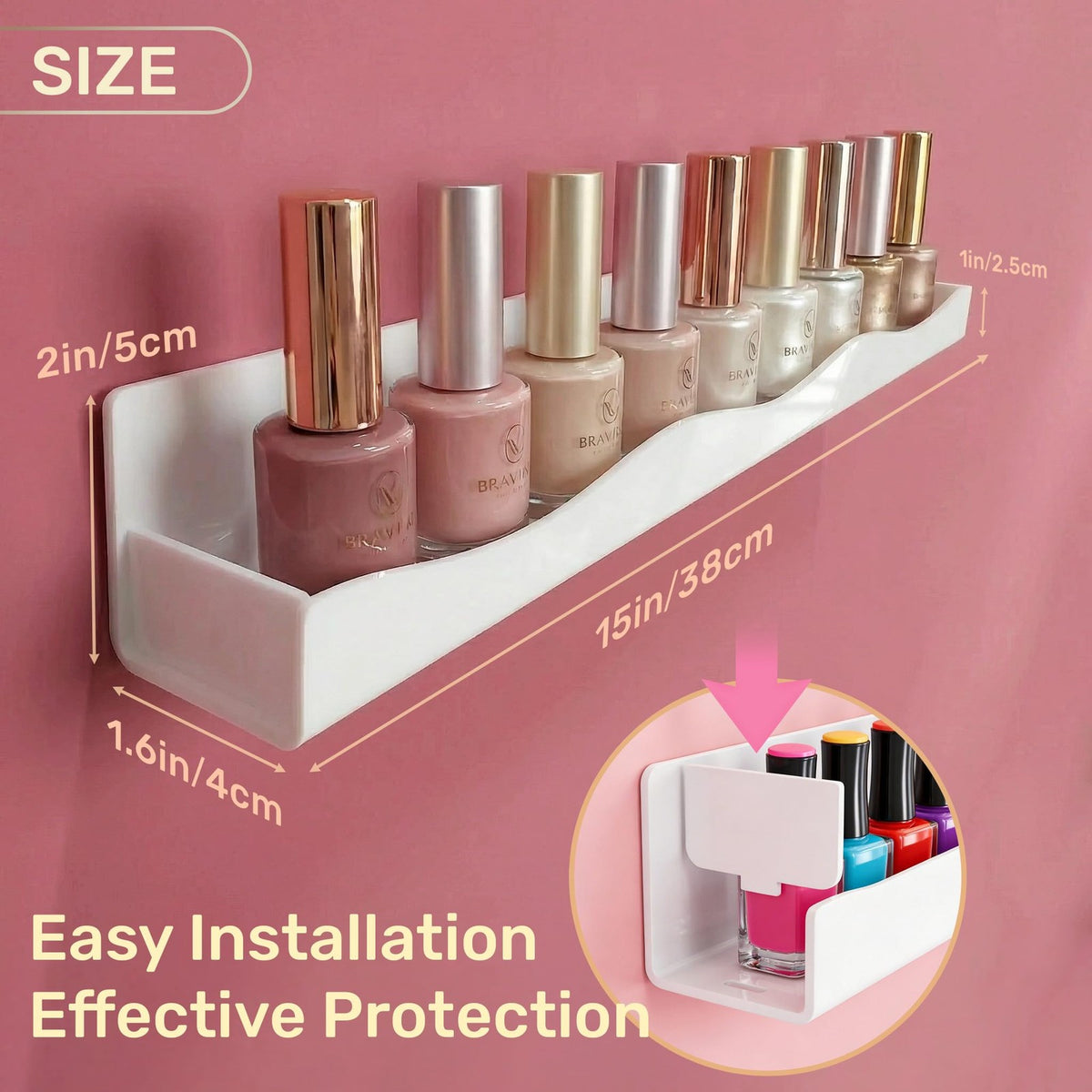 Wall Mounted Nail Polish Rack Organizer Display Shelves - White Acrylic, 6 Pack