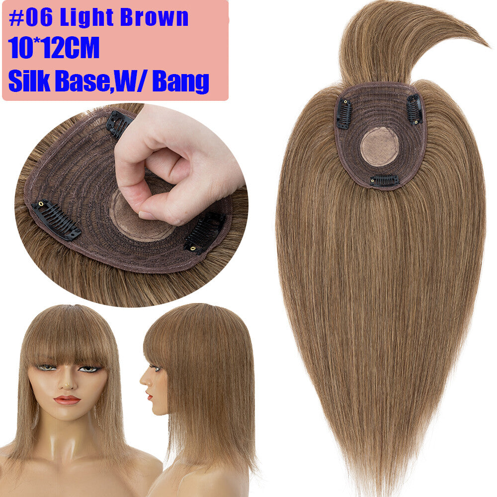 Remy Human Hair Topper with Bangs - Clip-In Hairpiece for Thinning Hair
