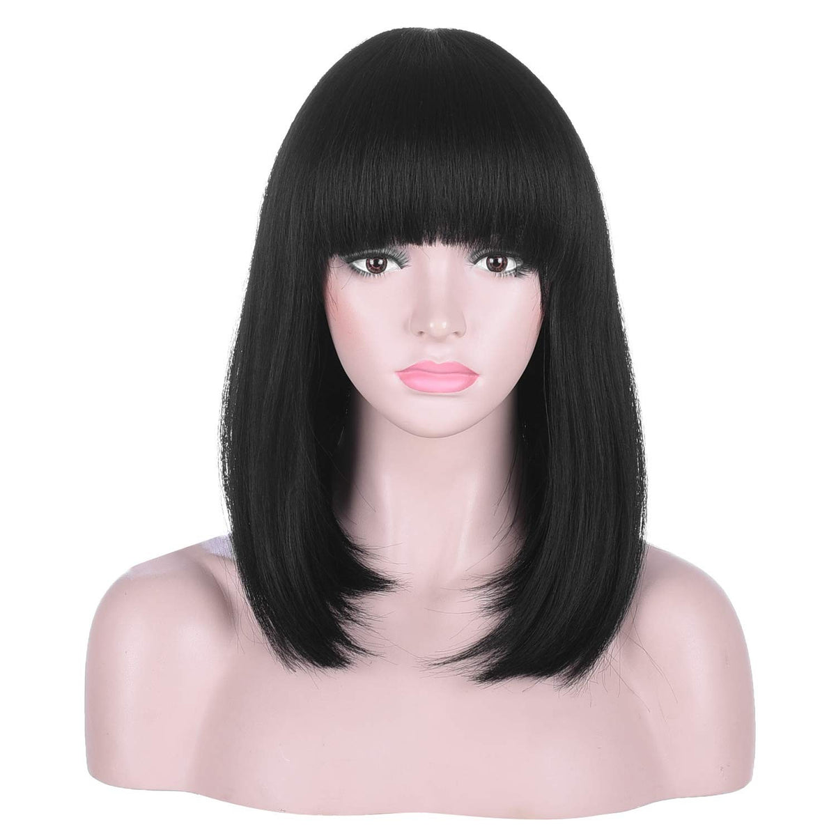 Black Short Bob Wig with Bangs - Straight Blunt Cut Shoulder Length Hair for Women