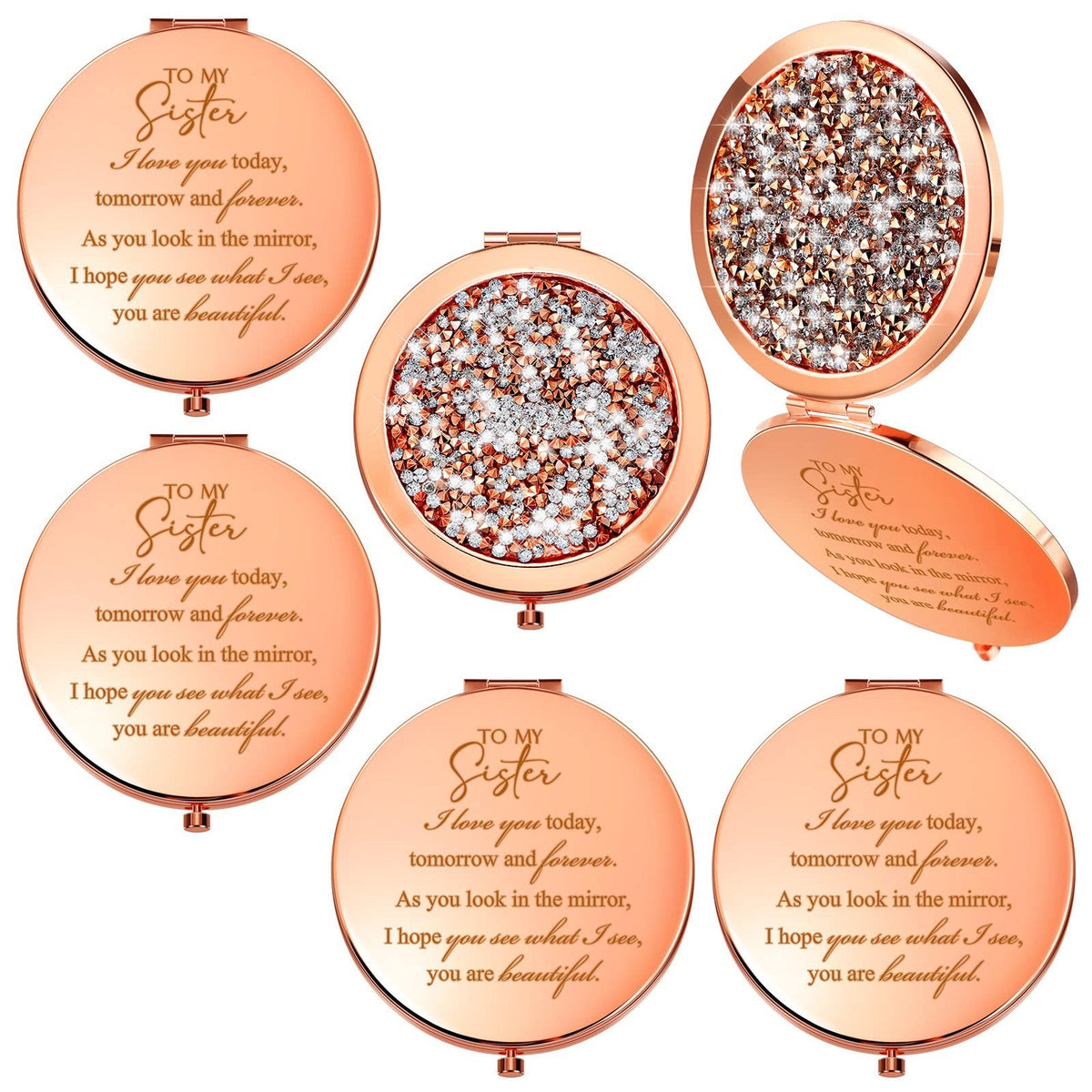 Set of 4 Rose Gold Compact Mirrors for Sister Gifts - Travel & Makeup