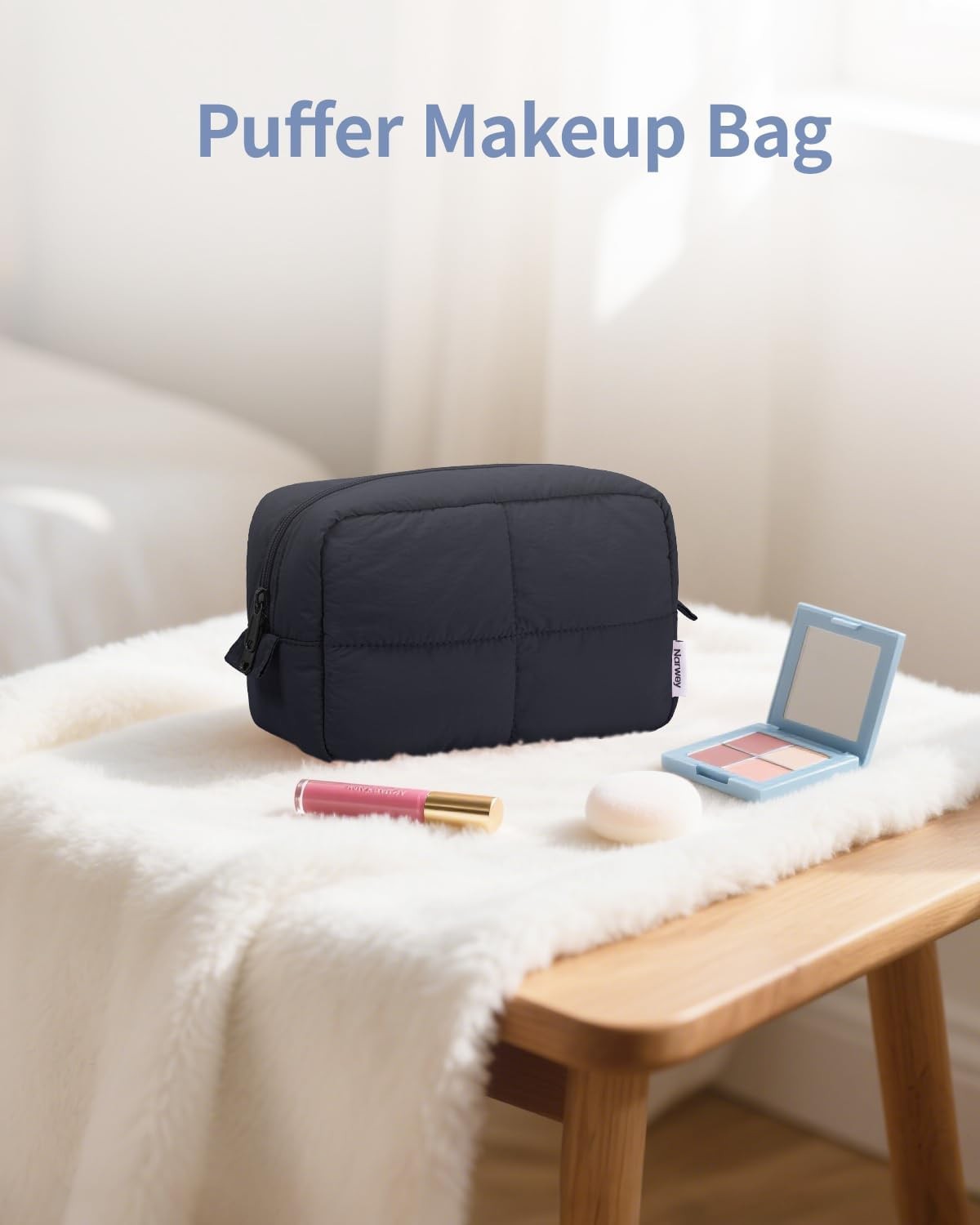 Travel Makeup Bag for Women and Girls, Quilted Cosmetic Organizer, Water-Resistant Puffer Bag