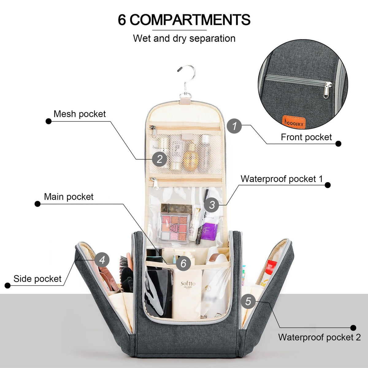 Travel Hanging Toiletry Bag for Women & Men Wet Dry Separation Grey
