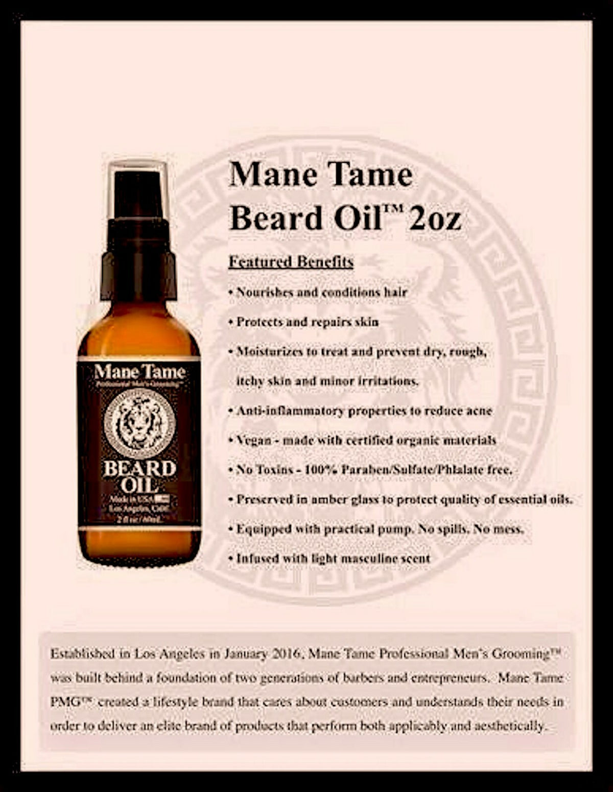 Beard Oil for Men 2 Oz. Grooming Oil with Masculine Scent - Nourishing & Protecting