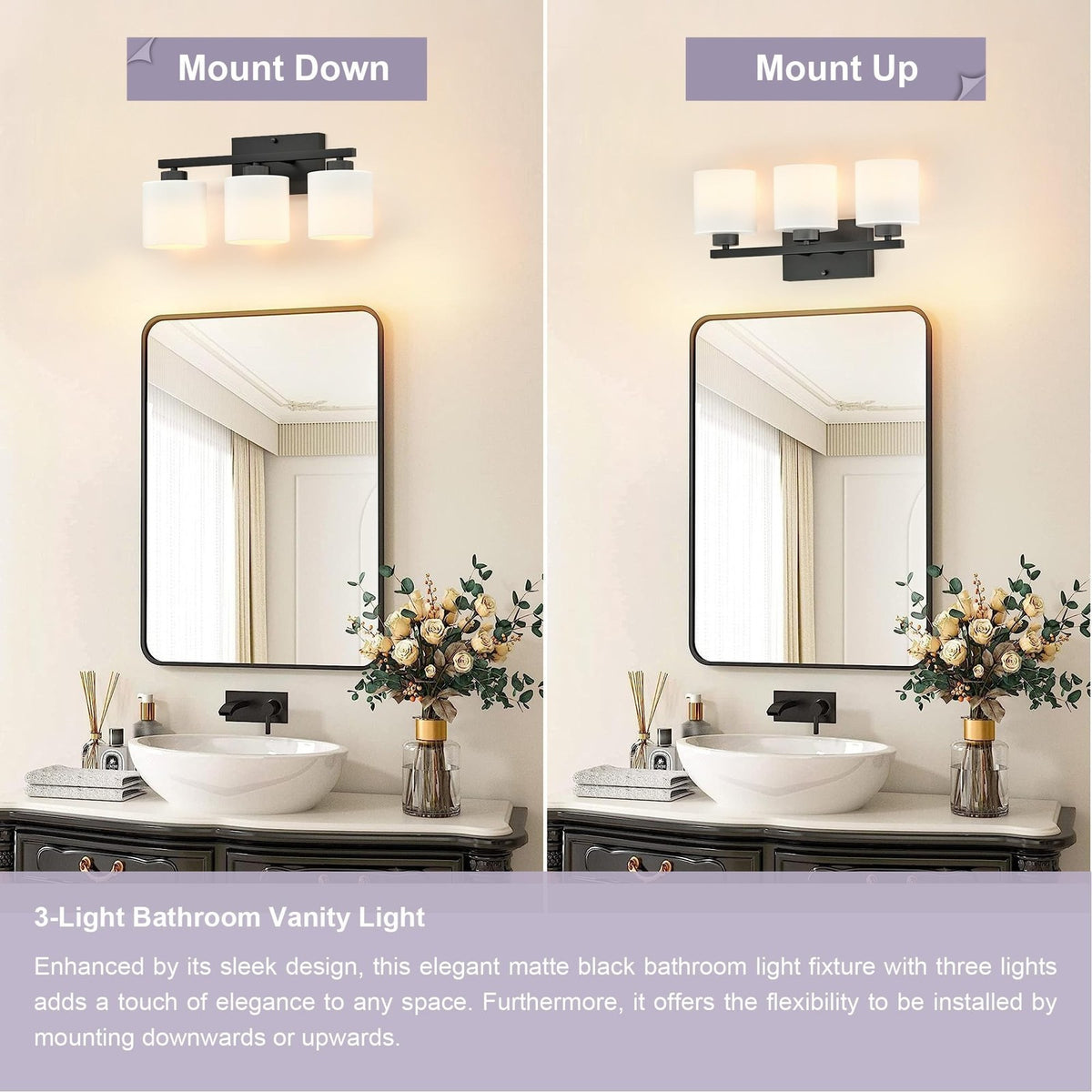 Black Bathroom Vanity Light Fixture - 3 LED Frosted Glass Wall Sconce