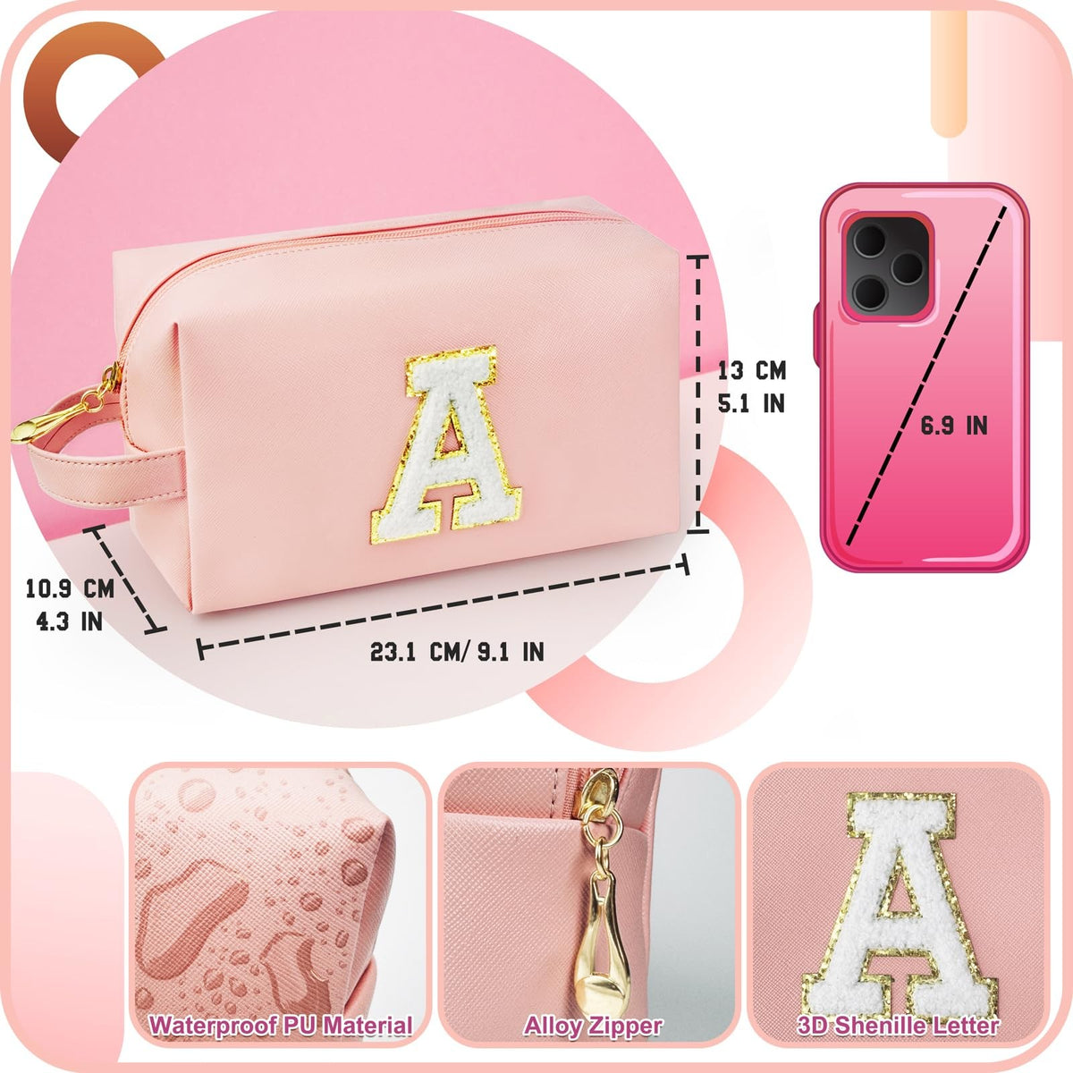 Personalized Initial Makeup Bag with Handle - Waterproof PU Leather Cosmetic Organizer