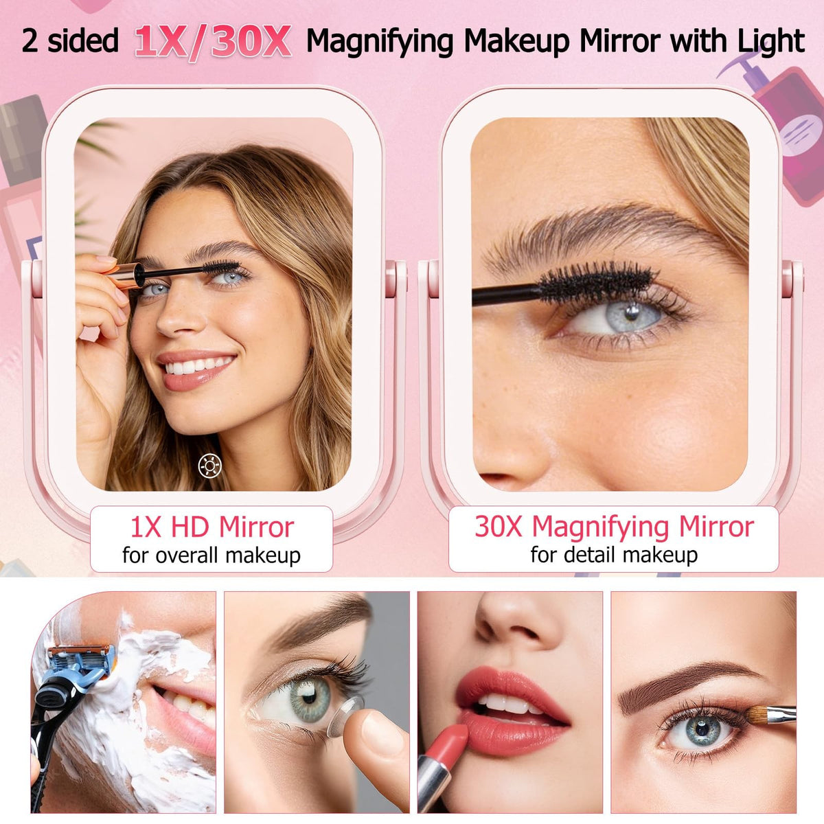 Travel Makeup Mirror with Lights 30X/1X Dimmable Touch Screen Pink Rechargeable Vanity
