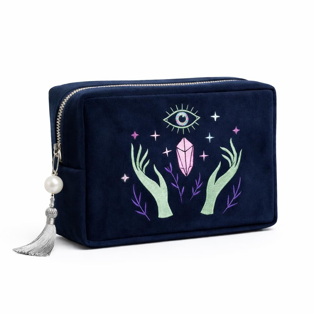 Velvet Tarot Card & Crystal Pouch with Embroidery, Zipper Closure, Gift Idea
