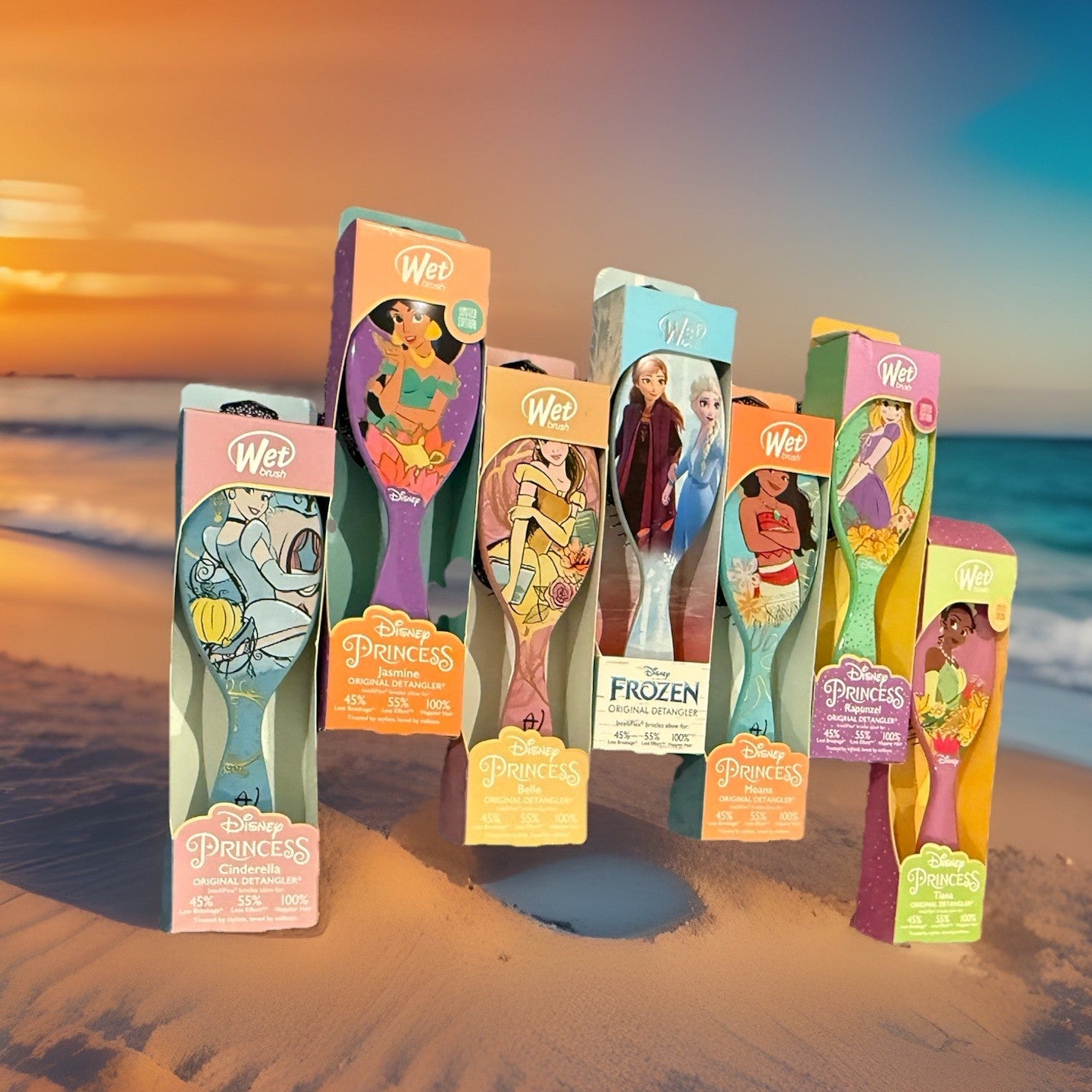 Disney Princess Wet Brush Set - Ariel, Belle, Jasmine, Cinderella, Tiana, Moana, Frozen
