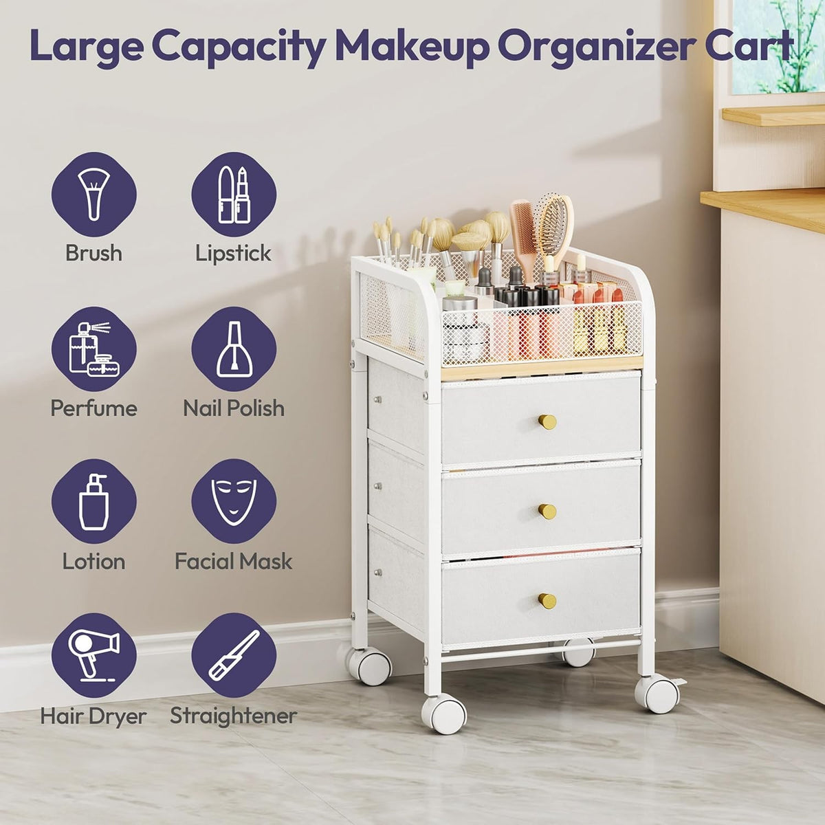 Rolling Makeup Organizer Cart with 3 Non-Woven Drawers Under Desk Storage