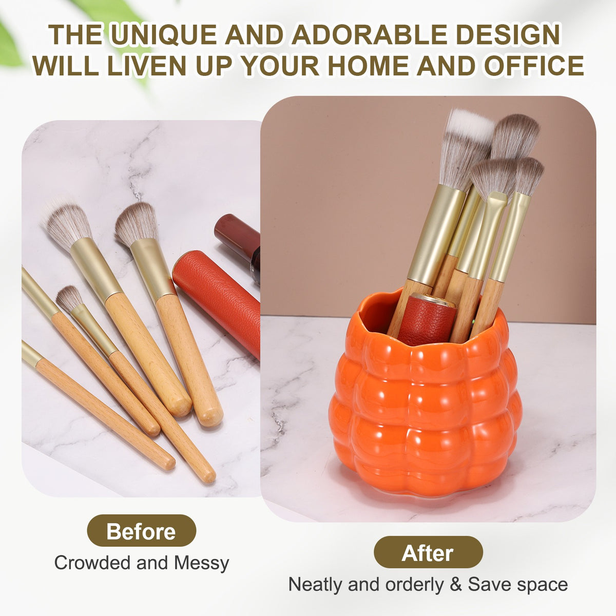 Ceramic Makeup Brush Holder - Round Desktop Pen and Cosmetic Organizer, White