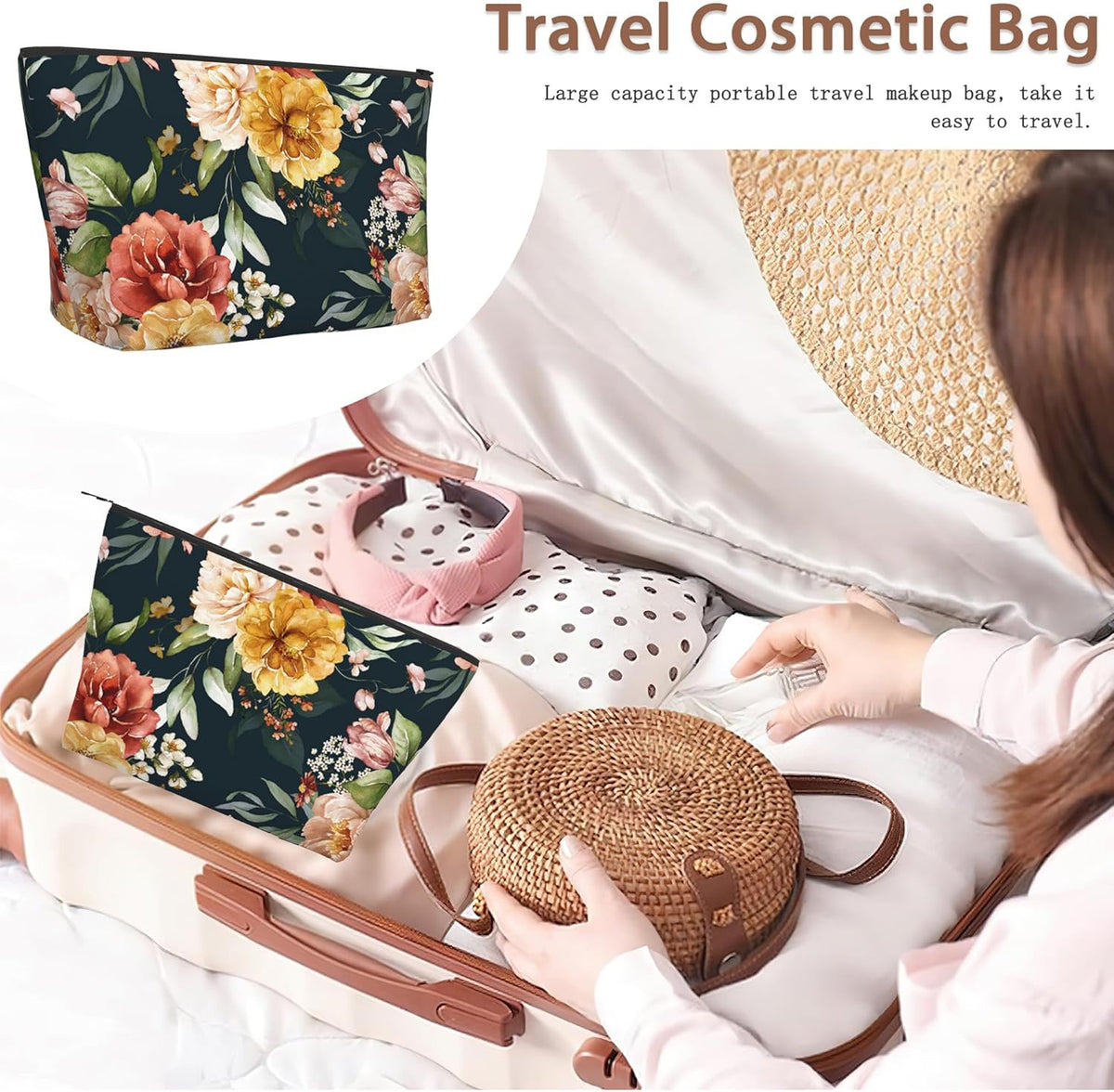 Vintage Pink Flowers Makeup Bag - Travel Cosmetic Bag with Green Leaves, 9.4 x 5.9 x 3.1 in