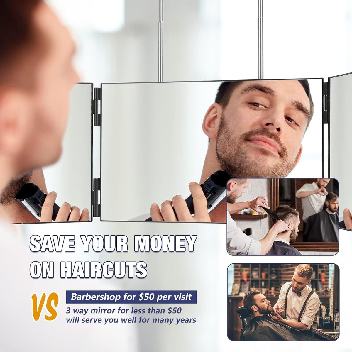 3-Way Full Body Mirror with 360° View, Adjustable Height for Haircut & Makeup