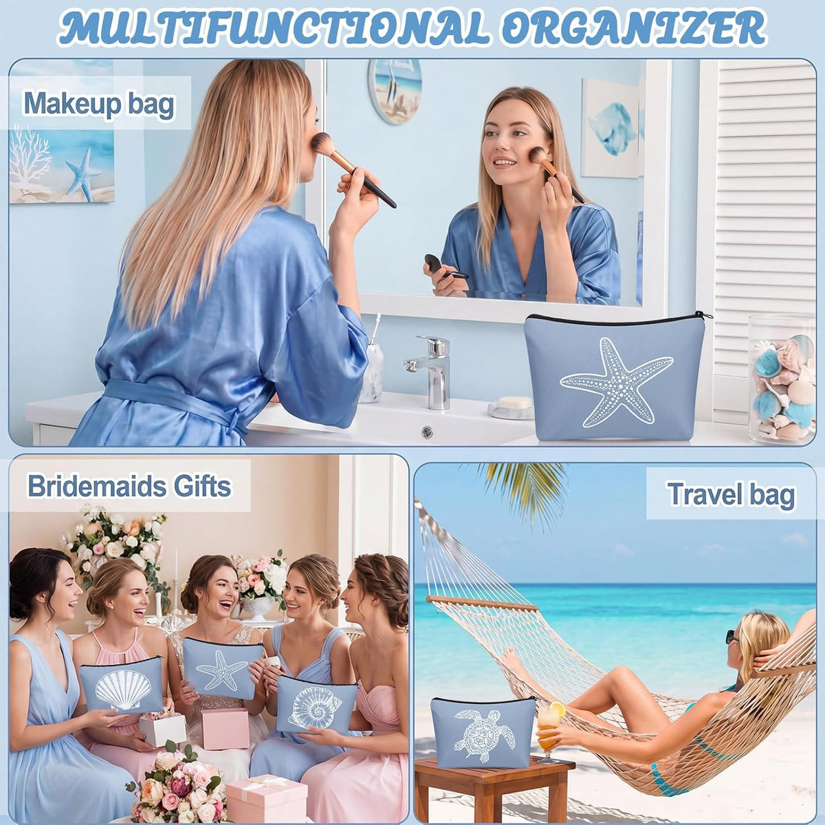 Set of 4 Ocean-Themed Cosmetic Bags for Beach and Travel