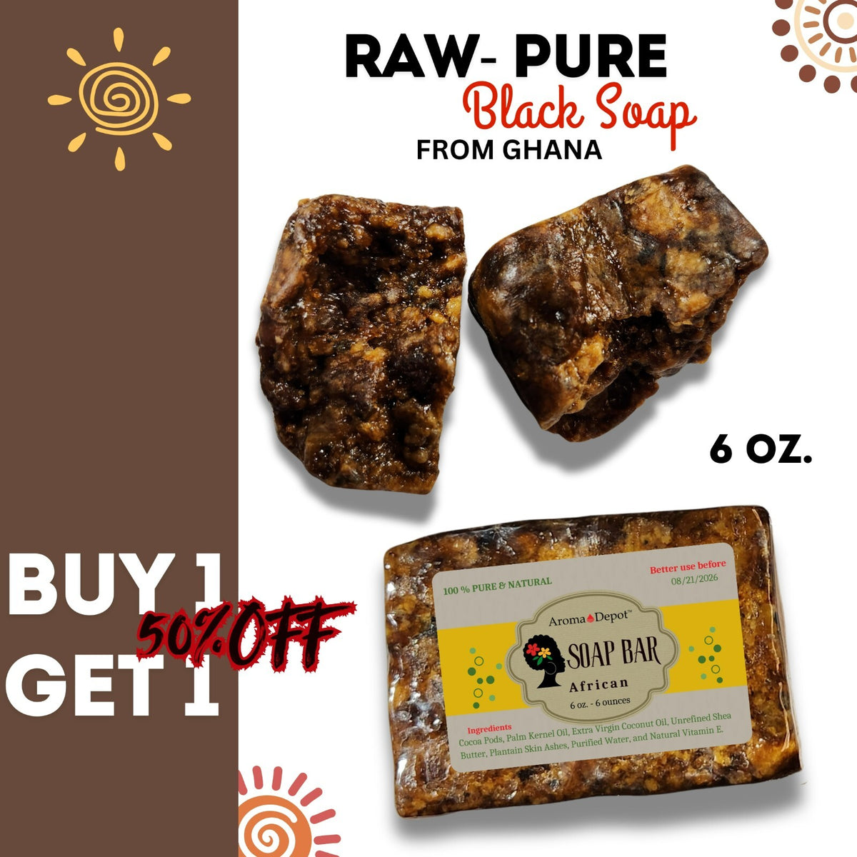 Organic African Black Soap Bar 6oz for Face, Body & Hair - Natural Ghana Soap