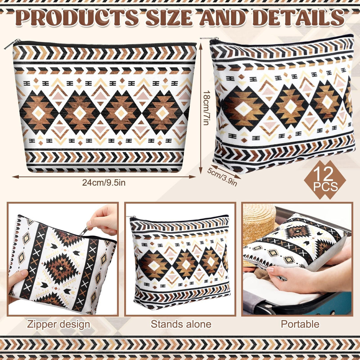 12 Pack Aztec Cosmetic Bags Western Makeup Organizer Travel Toiletry Bags