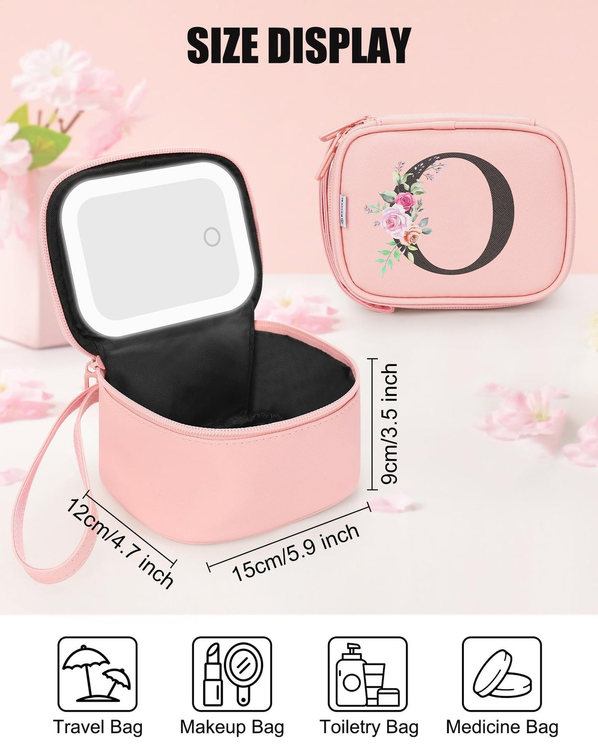 Personalized Mini Makeup Bag with LED Mirror - Initial Cosmetic Travel Pouch